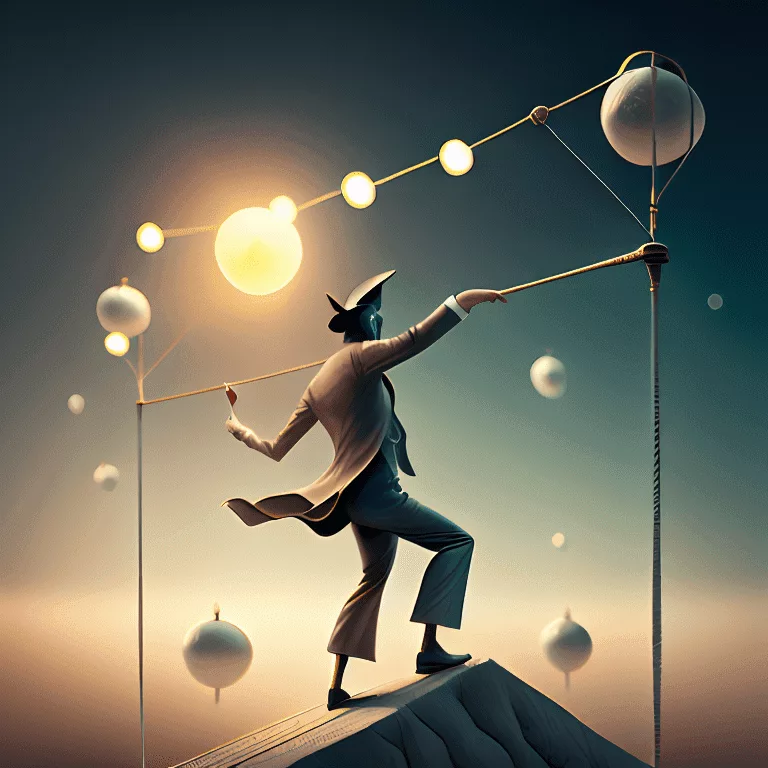 tightrope walker balancing atop a fluctuating stock market graph