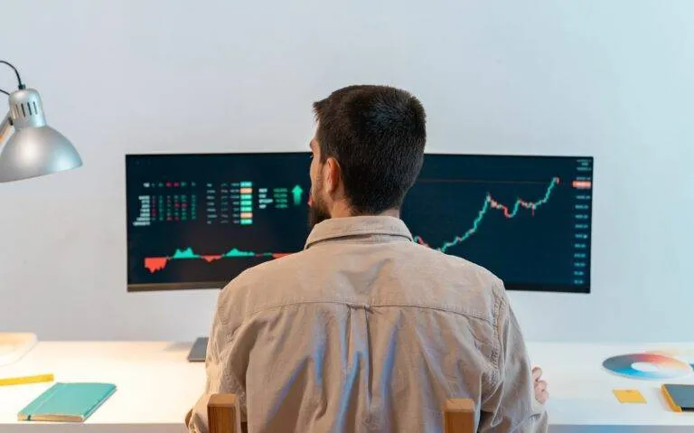 Rear View Of Young Caucasian Man Finance Broker Analyzing Stock Graphs While Trading From Home