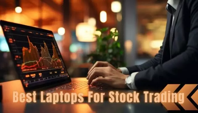 Man in suit monitoring the stock trading graph with a text showing 