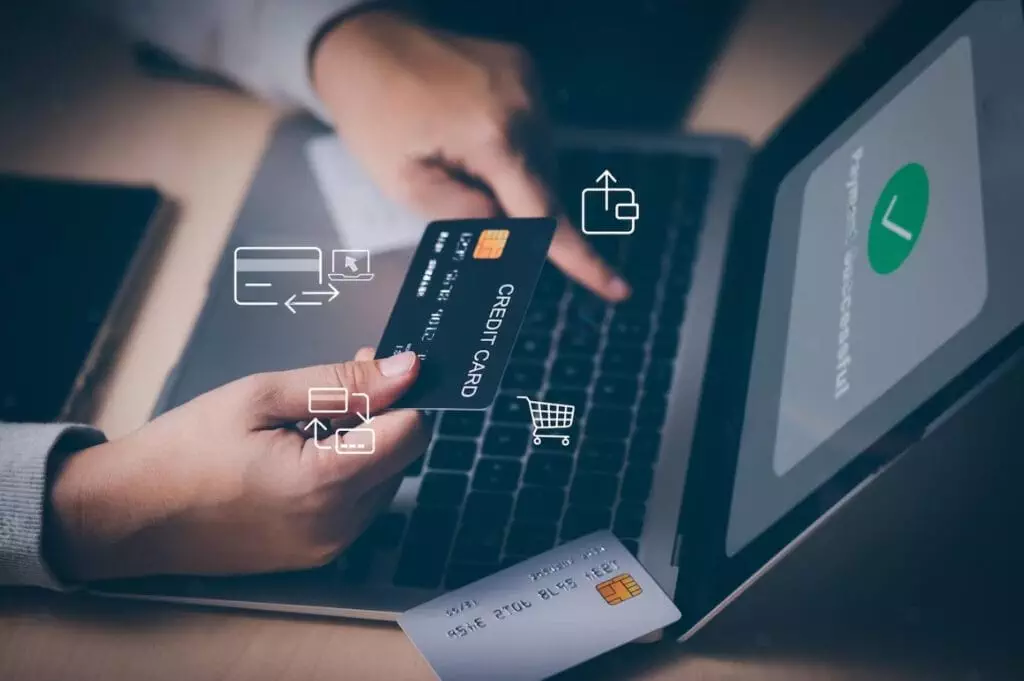 A businessman's hand doing a transaction and verifying a bank transfer.