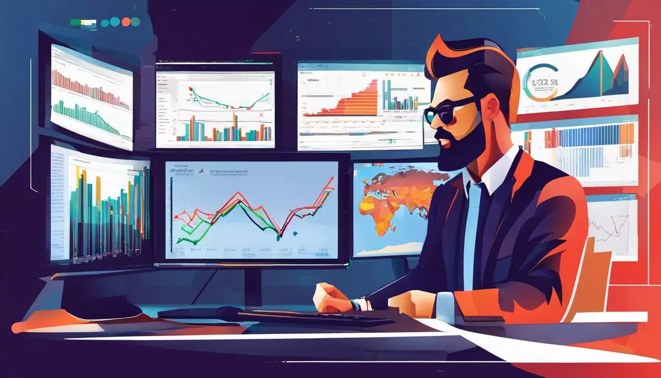 A trader analyzing financial charts on a computer surrounded by data.