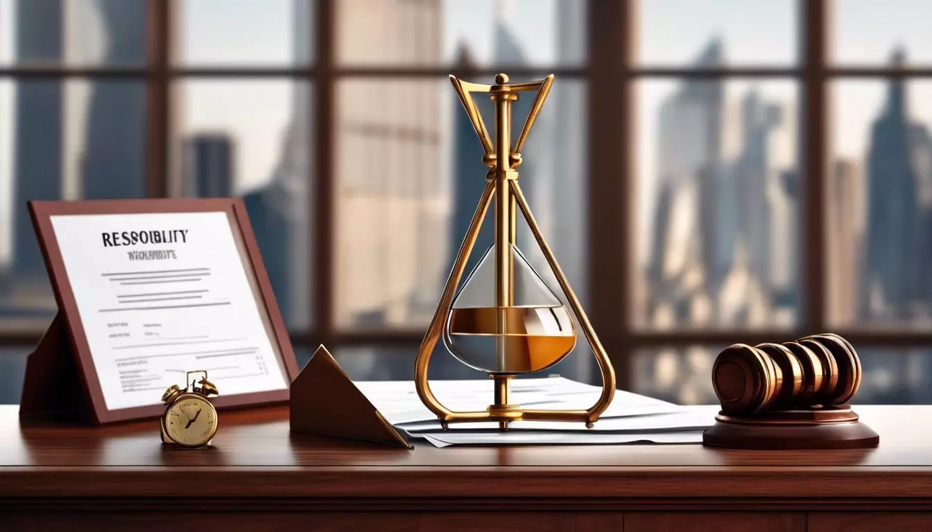 A stack of legal documents and vintage hourglass on a desk.