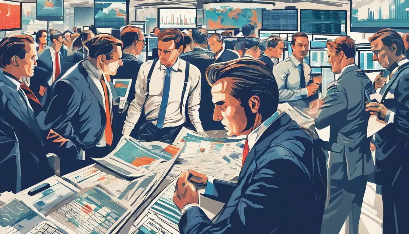 Investors in suits in a chaotic stock market trading floor.