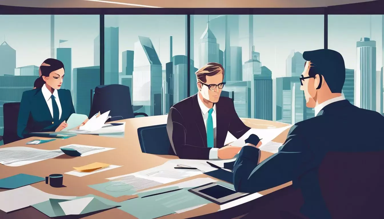 A corporate executive reviews confidential documents in a modern boardroom.