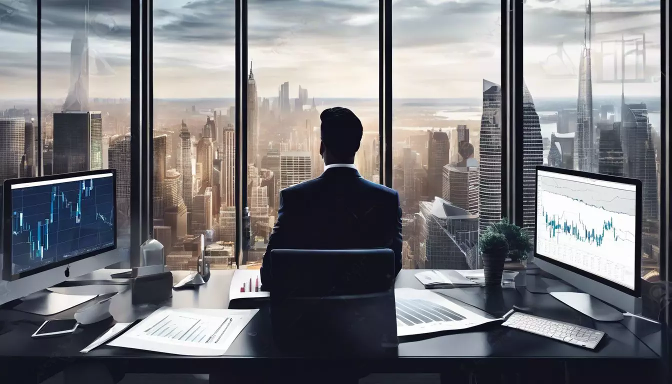 Nathan Michaud analyzing stock market charts in a modern office.