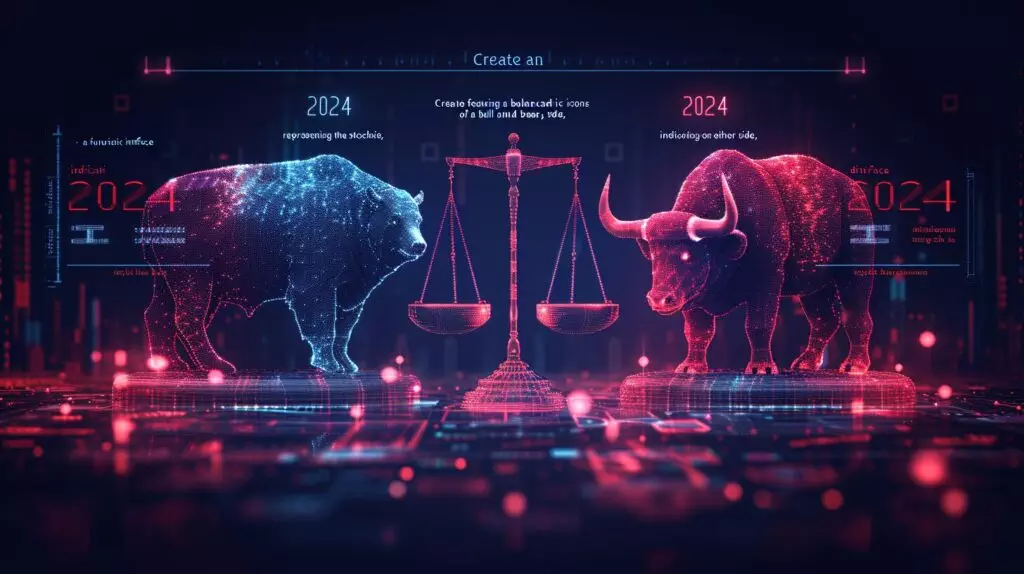 Webull Day Trade Limit featuring a Balanced scale with bull and bear icons, 2024 digital stock market interface.