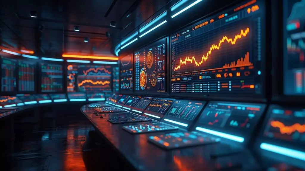 Bar graphs of high and low trading volumes in muted tones