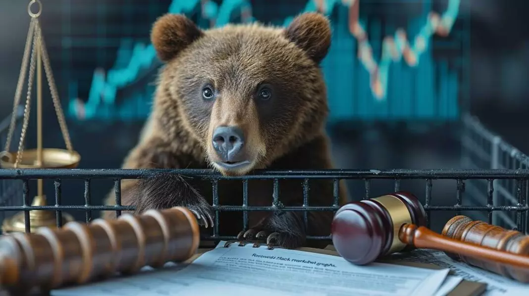 Bear in cage with stock graphs and legal documents.