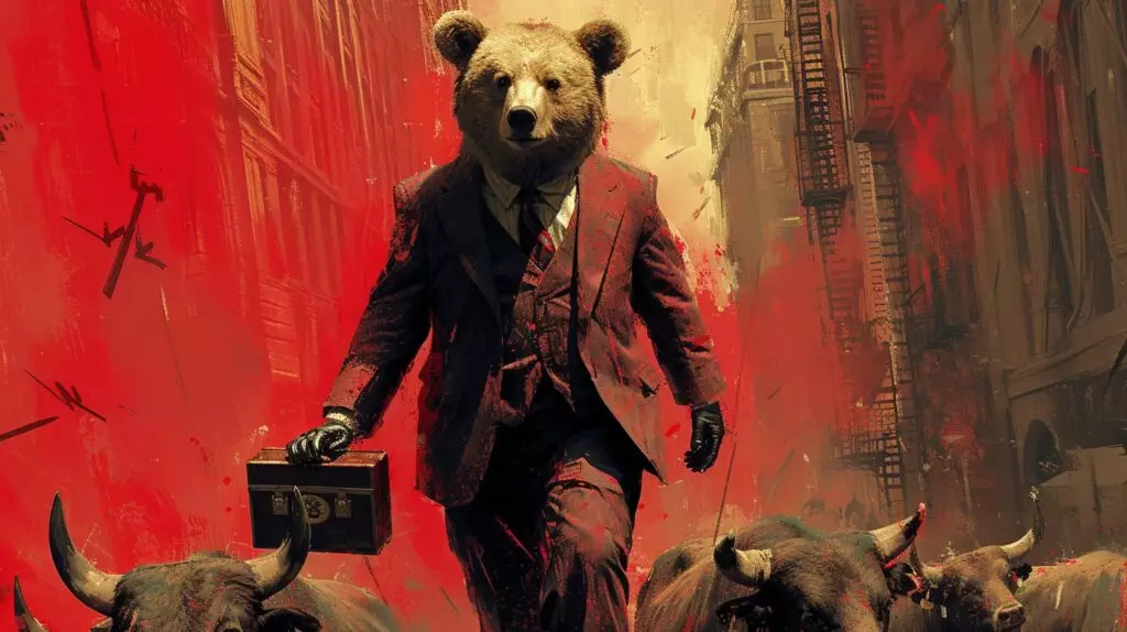 Bear in suit on tightrope over bulls, SSR briefcase, arrows background