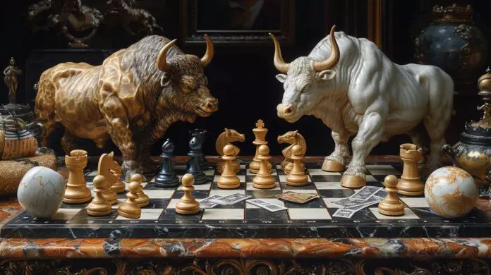 Chessboard with bull and bear figures, stock graph, credit cards.