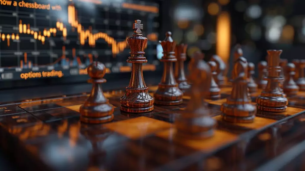 Sell to Close Meaning featuring a Chessboard with pieces and stock chart, symbolizing options trading strategy.