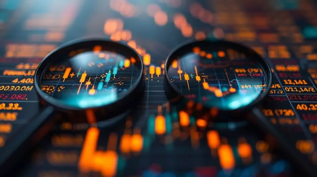 Detailed candlestick chart, magnifying glasses.