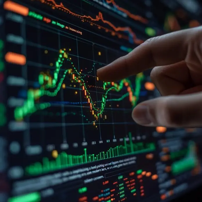 Hand pointing at point and figure chart on screen