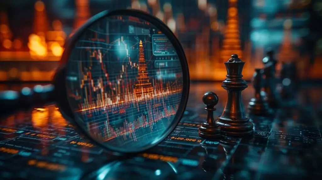 Pip Meaning Forex featuring a Magnifying glass on forex chart, pip difference, symbols.