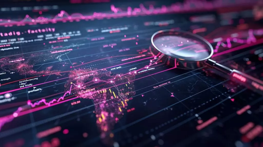 Magnifying glass over dynamic graph, peaks and troughs, day trading factors