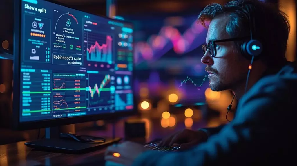 Split image of trader and Robinhood screen, balance scale of decision