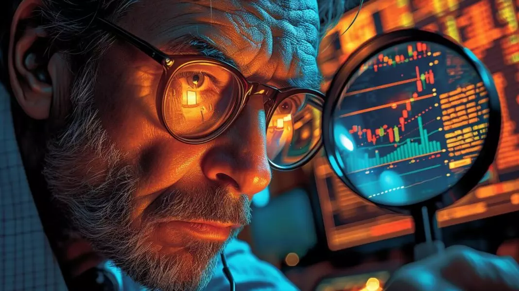 Trader analyzing forex graphs, magnifying glass on 'pip'.