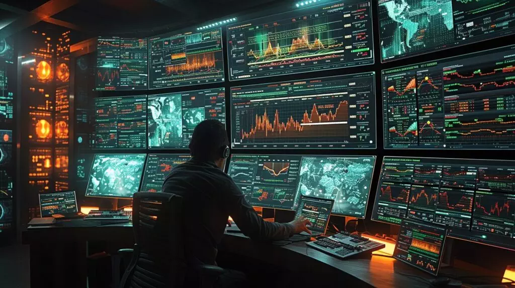 Point of Control Volume Profile featuring a Trader studying volume profile chart in dark room