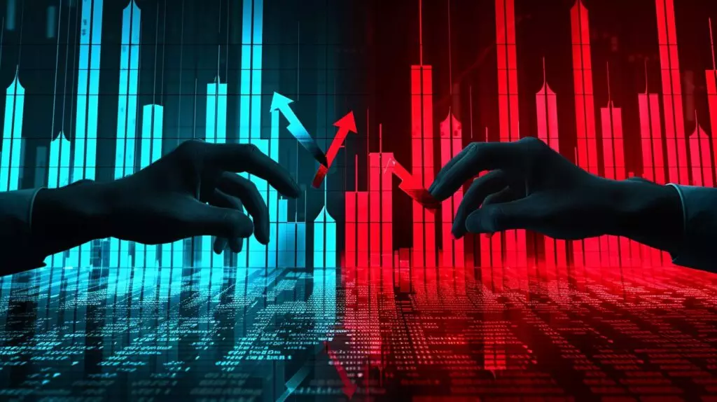 Two hands with rising green and falling red arrows, stock graph background